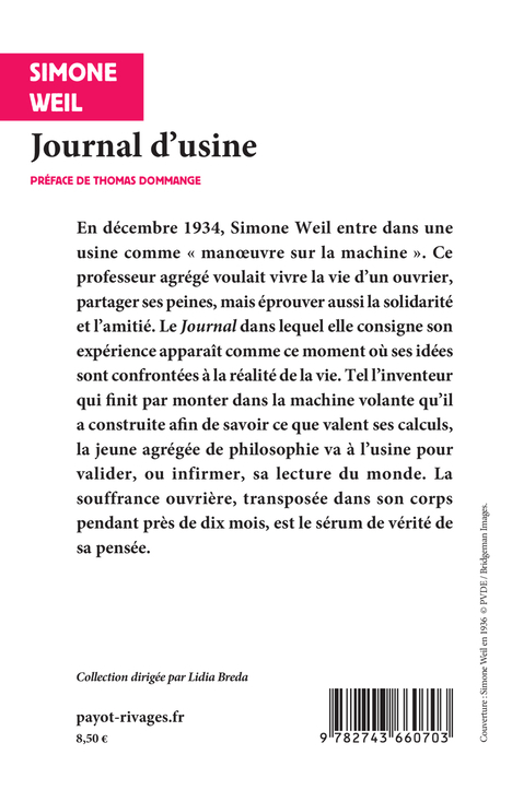 JOURNAL D'USINE - WEIL SIMONE - RIVAGES