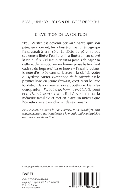 L'Invention de la solitude - Paul Auster - ACTES SUD