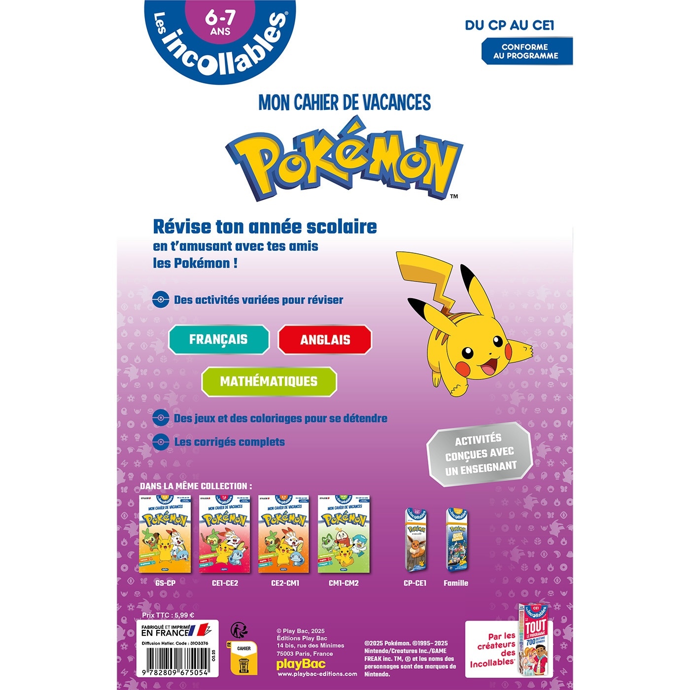 Cahier de vacances 2026 Pokémon - Les incollables - CP au CE1 - 6/7 ans - Stéphanie Herbaut - PLAY BAC