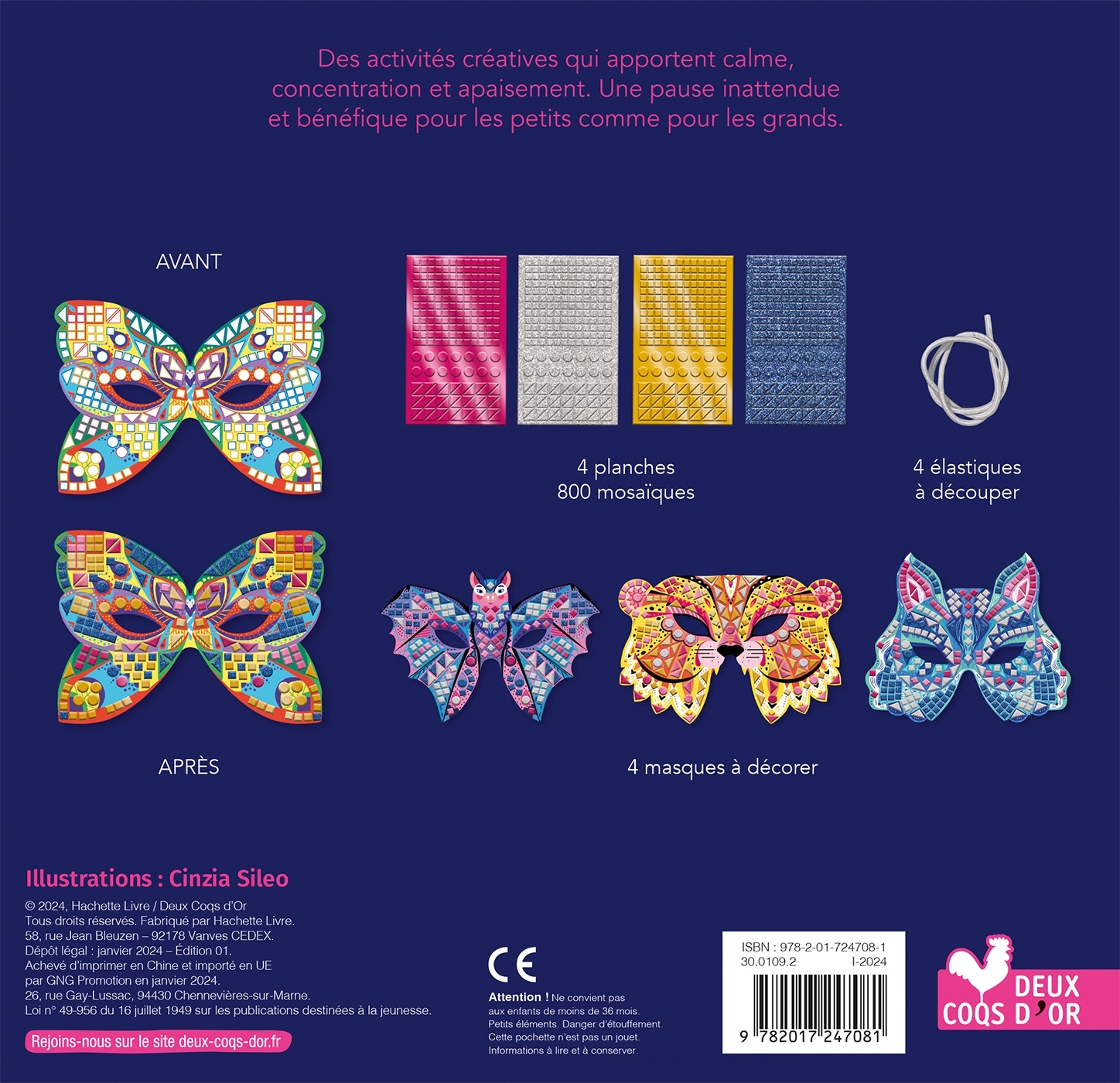 Mosaïques masques animaux - pochette avec accessoires - SILEO CINZIA - DEUX COQS D OR